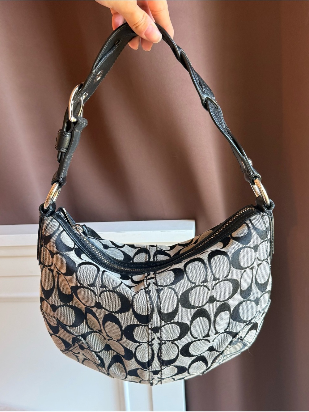 Coach Black and Beige Signature Canvas Shoulder Bag